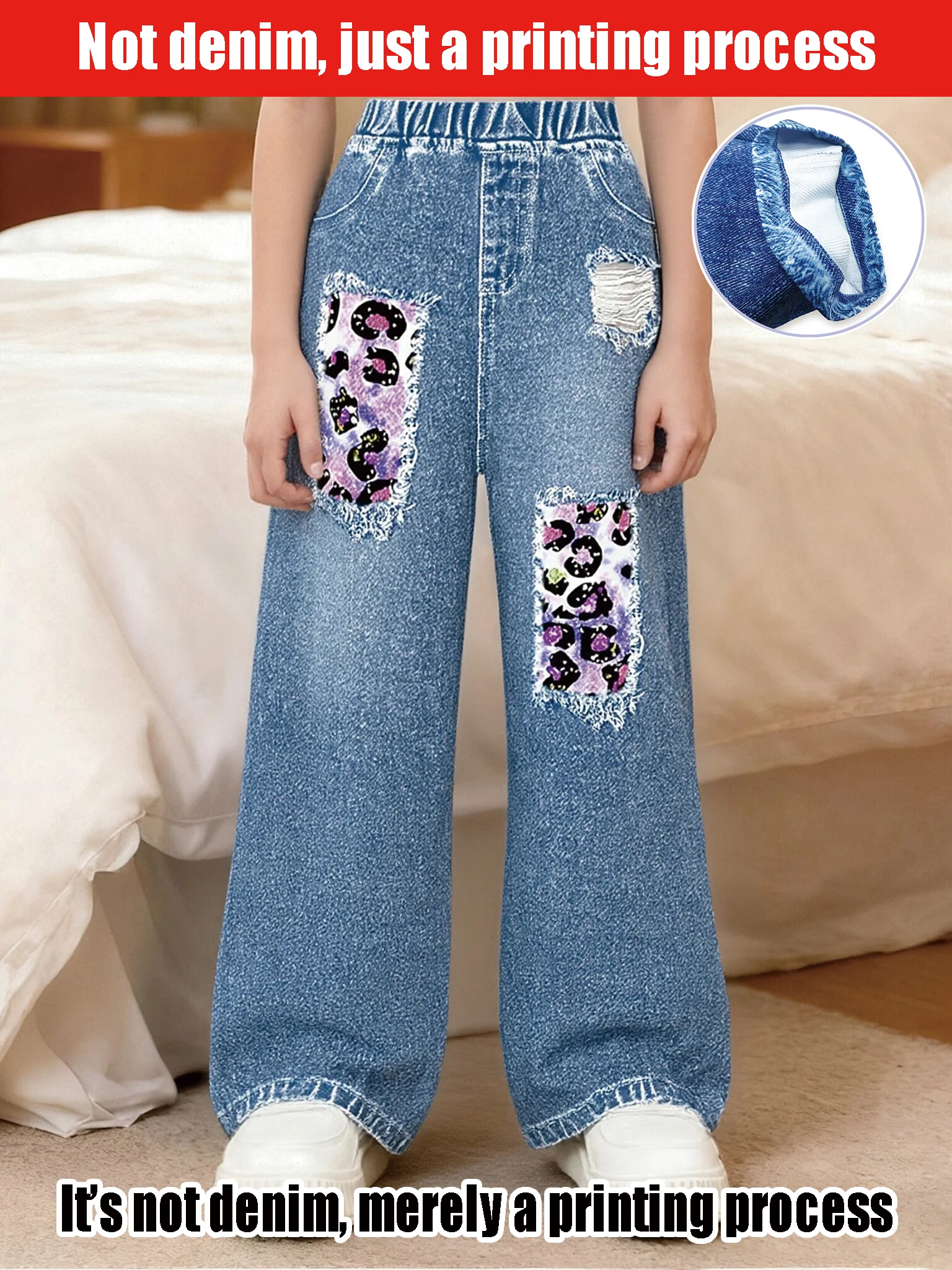 

2025 Girls Leopard Print Patch Old Style, High Waist Loose Wide Leg Imitation Jeans,fashionable and Cool