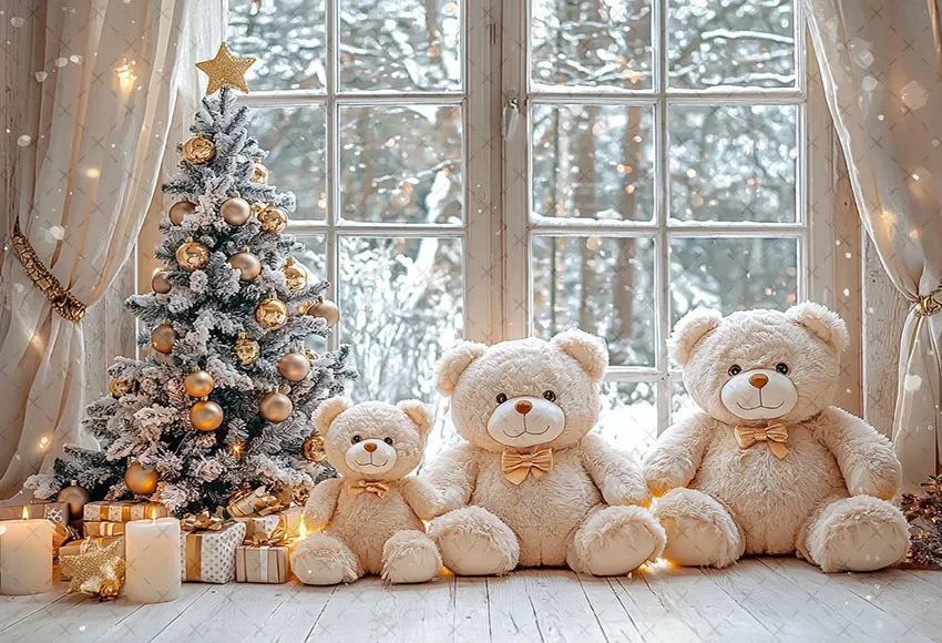 Фон для фотосъемки Mehofond, зимний рождественский фон с окном, медведем, рождественской елкой, детский праздник, семейный портретный декор, фон для фотостудии