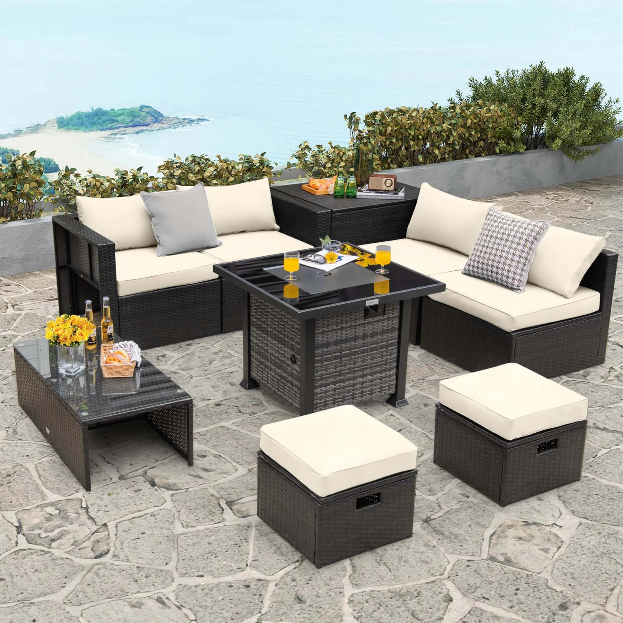 9 Pieces Patio Furniture Set with 50,000 BTU Propane Fire Pit Table Off White