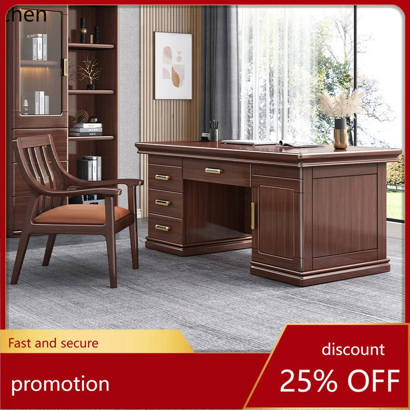 

HT Solid Wood Desk Combination Walnut Writing Desk Office Study Desk