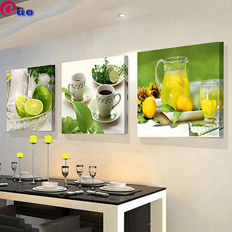 

3Pcs Modern Fruits Lemon diamond Painting Pictures Kitchen Living Room Decor Triptych diamond mosaic home decor