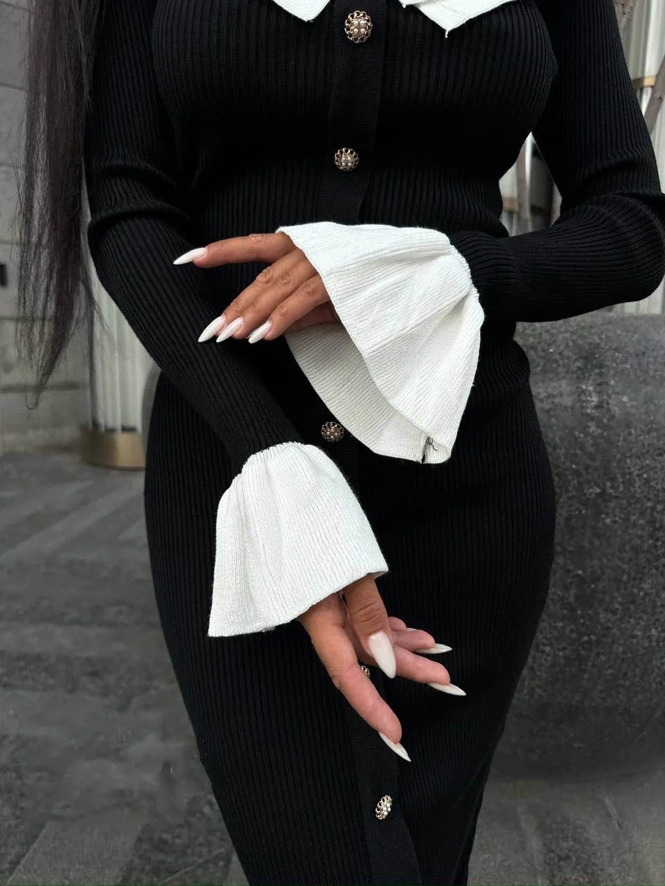 Fashion Knit Patchwork Long Dress Women's Ruffled Slim Elegant Contrast Ribbed Party Dress Knitwear Autumn Maxi Dress New