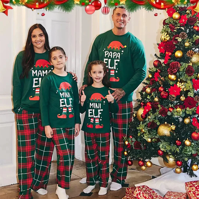 2026Christmas Elf Print Family Matching Outfits Soft Sleepwear Mom Dad Kids Pajamas Set Full Sleeve Cute baby Suit Xmas Look Pjs