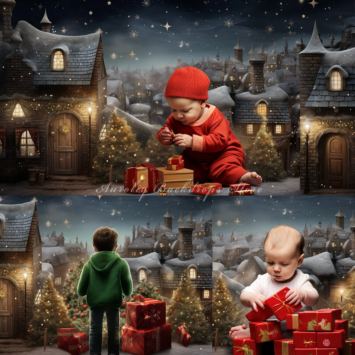 

Medieval Town Backdrops Christmas Kids Adult Xmas Photography Props Child Adult Photocall Winter Snowy Night Background