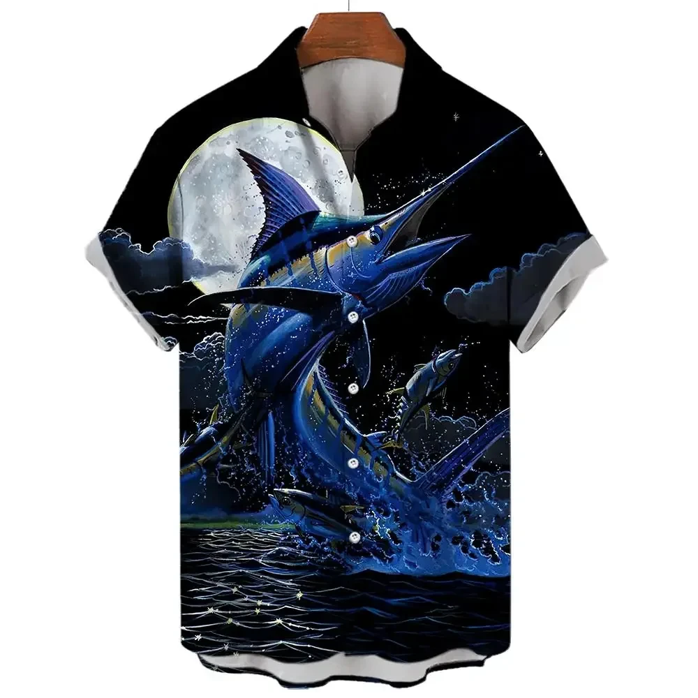 Camisa havaiana masculina estampada para pesca 3D, manga curta casual, camisas grandes e soltas, tops de rua diários, roupas unissex, verão