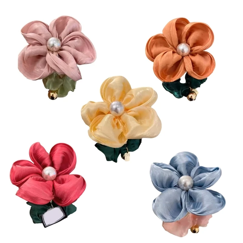 39BD Stylish Women's Flower Hair Elastic Flower Scrunchies Large Floral Pearls Hair Rope Adds A Touch Of Fashion To Your Look