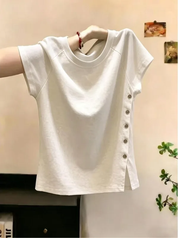 Loose Fit Pure Cotton Short Sleeve T-Shirt Women's Korean Style Button Placket Casual Top Summer Fashion Slimming Top