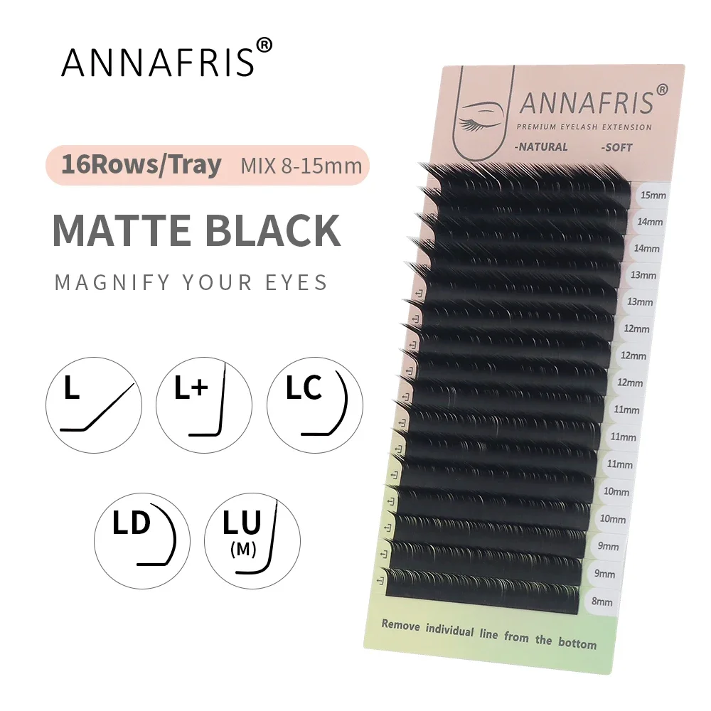 ANNAFRIS 16rows 8~15mm Mixed L-Shaped Eyelashes Extension Natural Soft Mink Matt Black L/L+/LC/LD/LU(M) Curl Individual Lashes