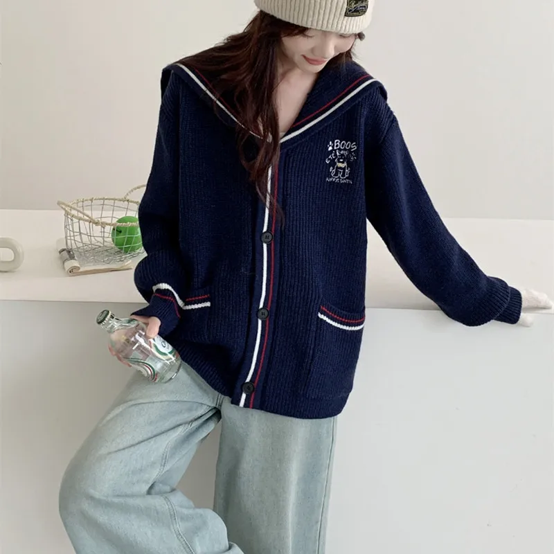 Cartoon Letter Embroidery Knitted Open Cardigan Casual Navy Collar Women's Sweater Autumn Winter New Sle Simple Leisure Swe...
