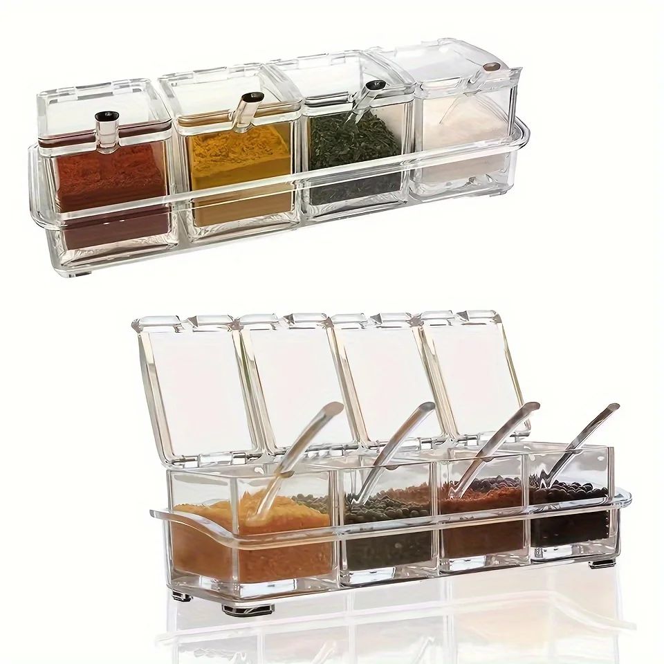 Clear Seasoning Box,Set of 4 Seasoning Storage Container with Spoon Clear Seasoning Rack Spice Pots for Pepper Spice