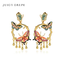 Juicy Grape 925 Sterling Silver Needle Enamel Butterfly Tassel Earrings 18K Gold Plated Hand Painted Enamel Wedding Jewelry Gift