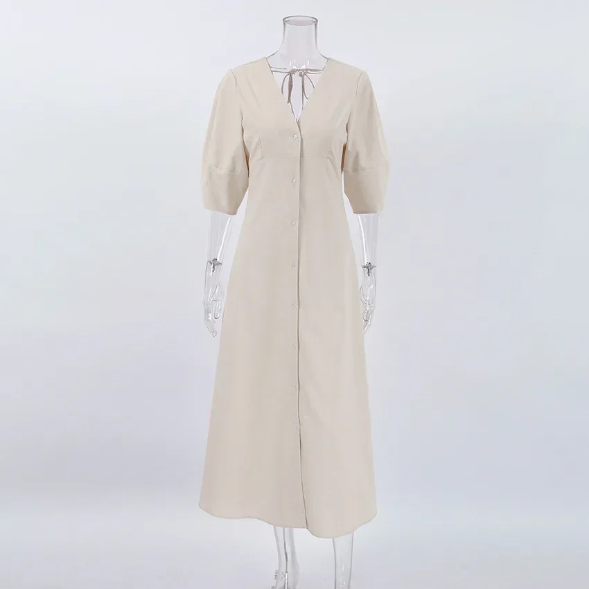 Robe Longue en Coton et Lin pour Femme, Col en V, lèvent, Manches Bouffantes, Dos aux, Sexy, Élégante, Vêtements ChimLadies, Été 2024