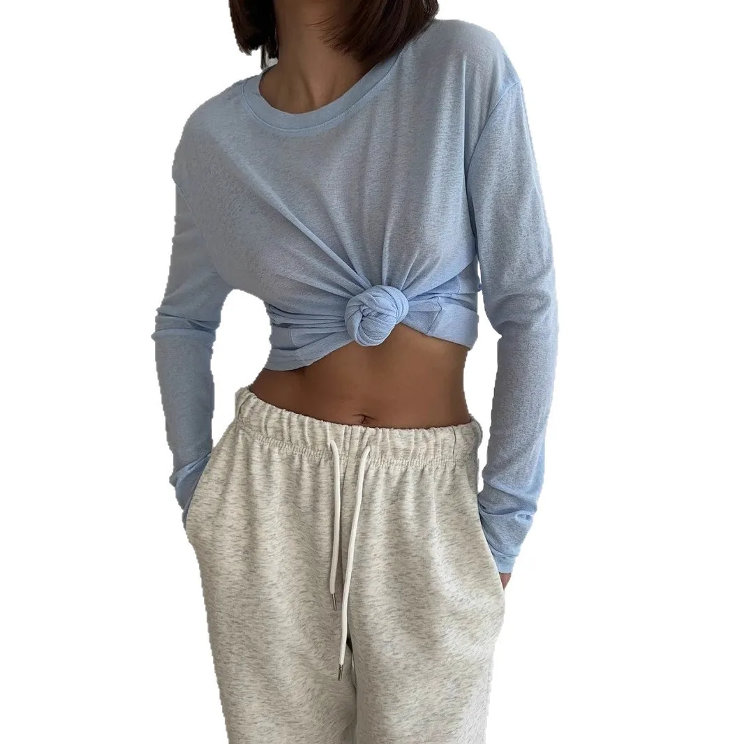 Women T Shirt Long Sleeve Round Neck Loose Fit T Shirts Crop Knotted Front Solid Color Tee Pastel Yellow Pink Mint Green Top