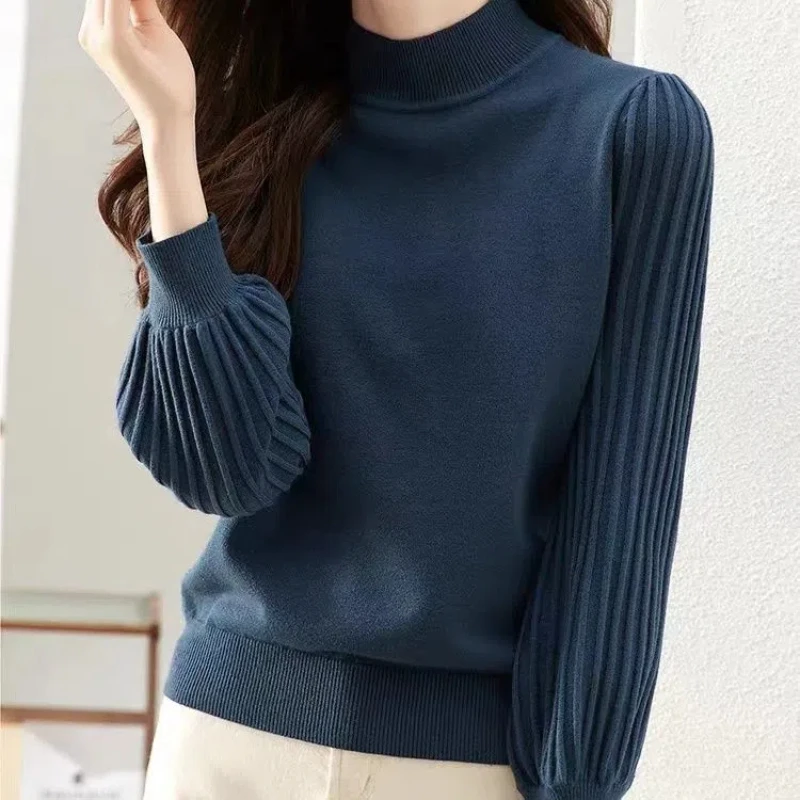 

Solid Color Pullover Sweater Knitted Long Sleeve Elegant Women's Clothing Autumn Winter High-neck Screw Thread Office Lady Tops