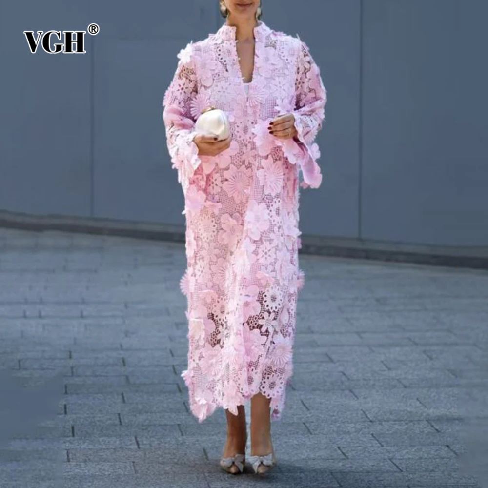 

VGH Hollow Out Spliced Appliques Loose Solid Dresses For Women Round Neck Long Sleeve High Waist Elegant Dress Female Fashion