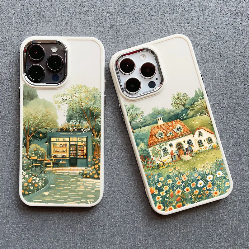 Rural Illustrations Village House Pattern Silicone Phone Case for IPhone 16 15 Plus Pro Max 14 13 12 11 Pro Max XS X XR SE Cover