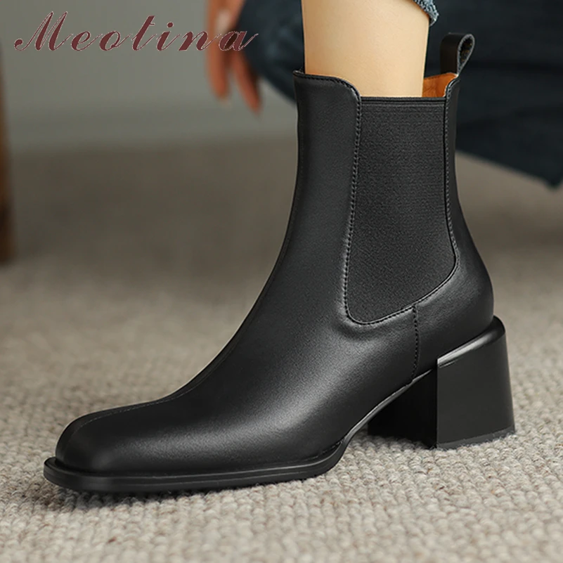 

Meotina Women Genuine Leather Ankle Boots Square Toe Chunky High Heels Chelsea Short Boots Ladies Fashion Shoes Autumn Winter 40