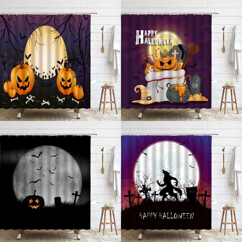 

Halloween Night Shower Curtain Pumpkin Spooky Moon Graveyard Witch Tree Bat Bathroom Curtains Home Decor Polyester Fabric Screen