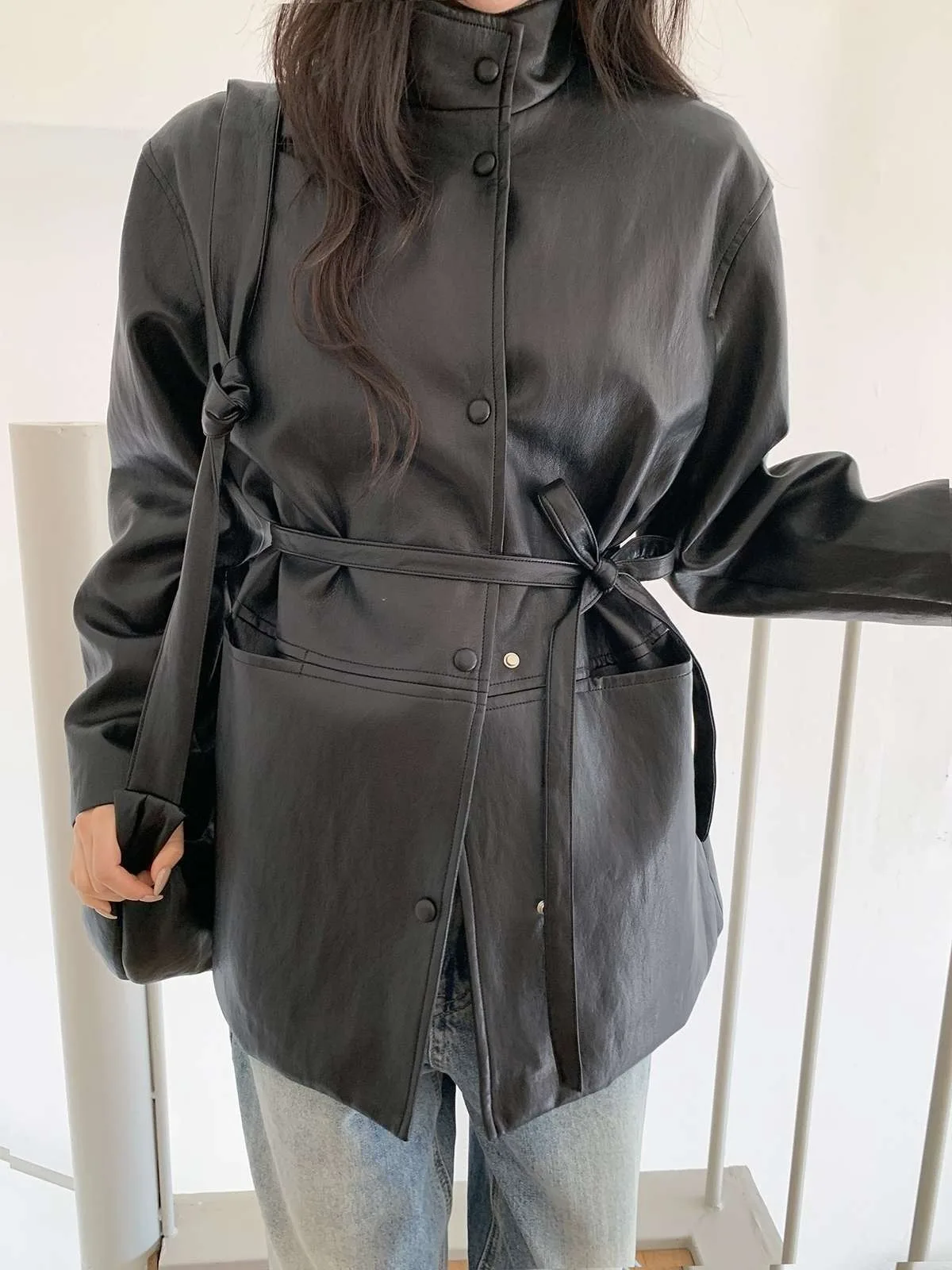 Korean Sle Retro Biker Jaet Belted Waist PU Leather Coat Women's Faion Autumn Winter New Arrival Versatile Outerwear