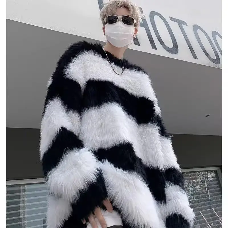 Retro Outerwear Trendy Brand European & American Street Colorblock Patchwork Crewneck Sweater Mink-Like High-End Knitwear