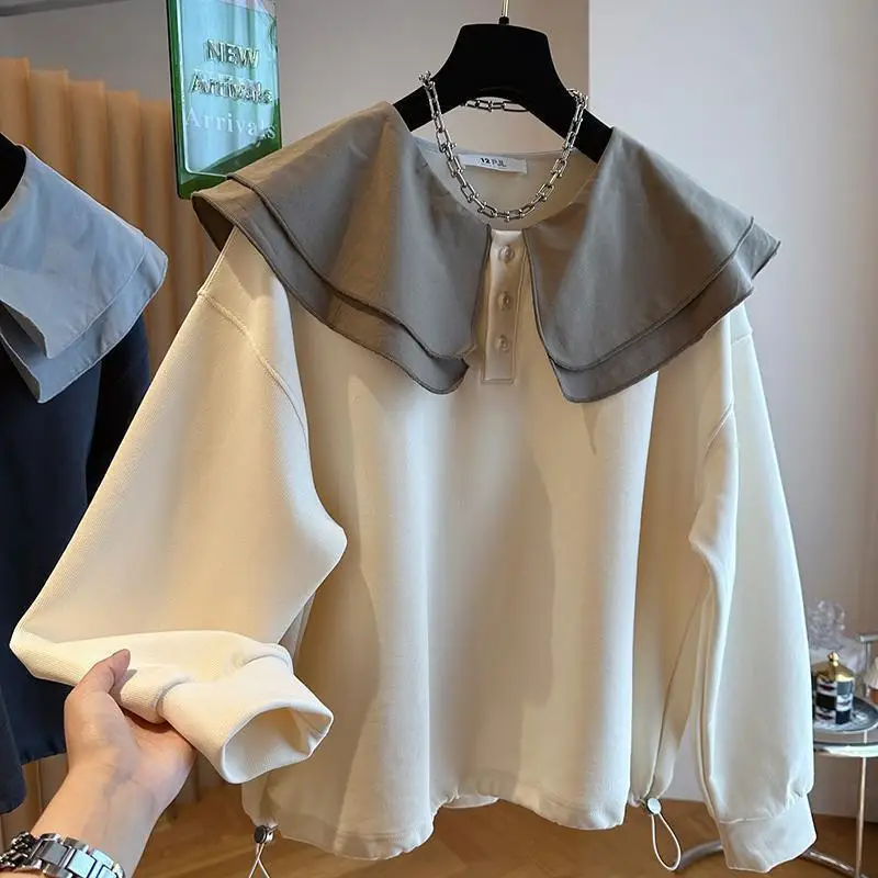 Women Trendy Double-Layer Peter Pan Collar Cute Sweet Sweatshirt Loose Streetwear Y2K Oversized Hoodie Long Sleeve Pullover Tops