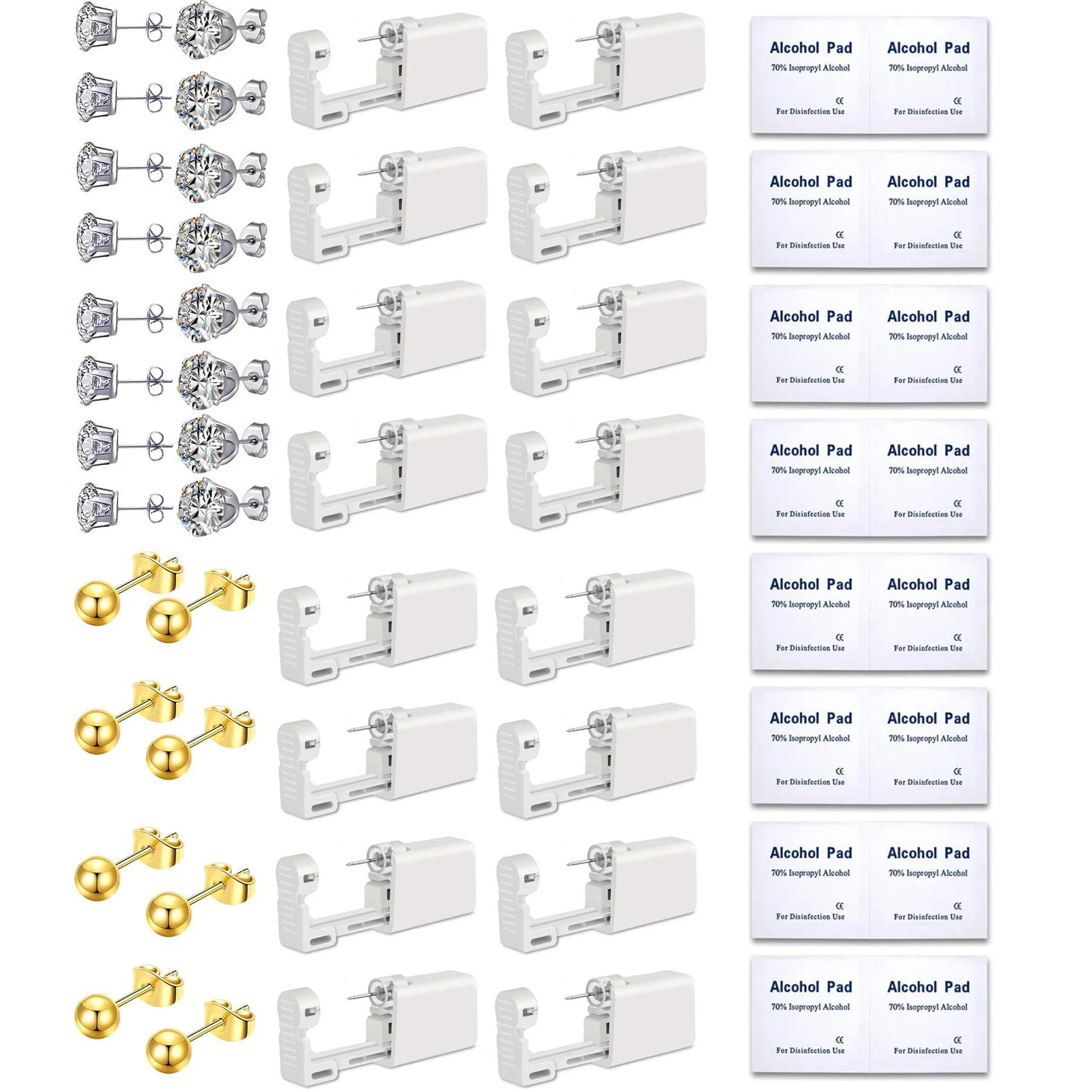 24/32/56pcs Ear Piercing Kit Including Disposable Safty Self Piercing Gun and Cubic Zirconia Ball Stud Earrings and Alcohol Pads