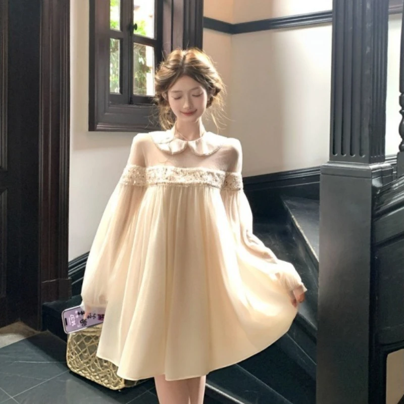 Mid-length Baby Collar Beaded Mesh Long-sleeved Flower Bud A-line Dress New French Sweet Dress for Women's Spring Autumn Fashion