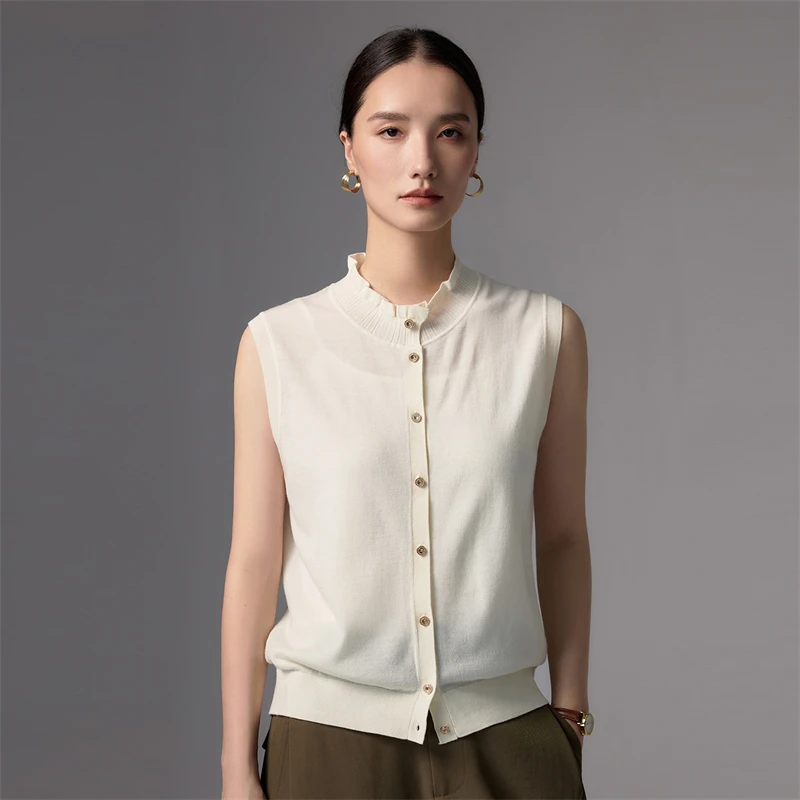 

MVLYFLRT Women's Spring Summer Fine Spun Wool Knitted Vest Sleeveless Mushroom Edge Top Thin Style Fashionable Yarn Vest