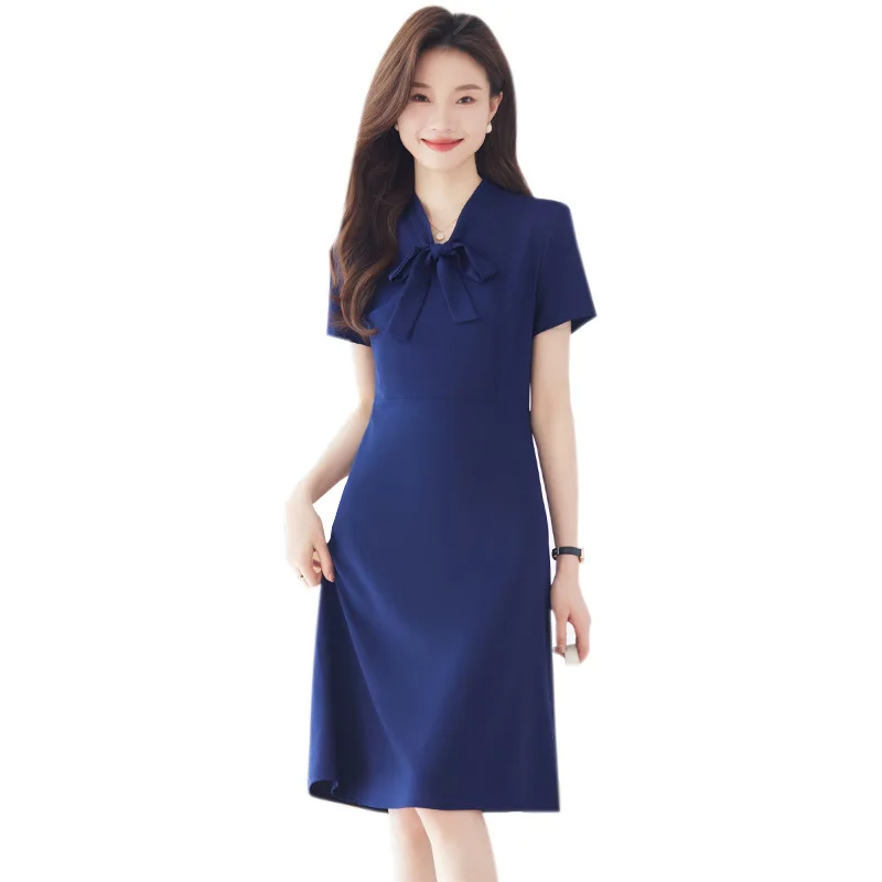 Summer Dresses With Bow Tie Short Sleeve 2024 OL Styles Women Business Work Wear Female Knee-Length Dress Vestidos Slim Hips