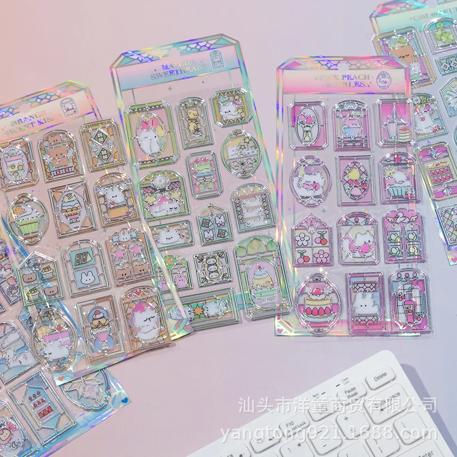 

3D Candy Glazed Cartoon Stickers - Cute Pet & Animal Themed, Laser Transparent Decals for Kids' Journal & Window Decor