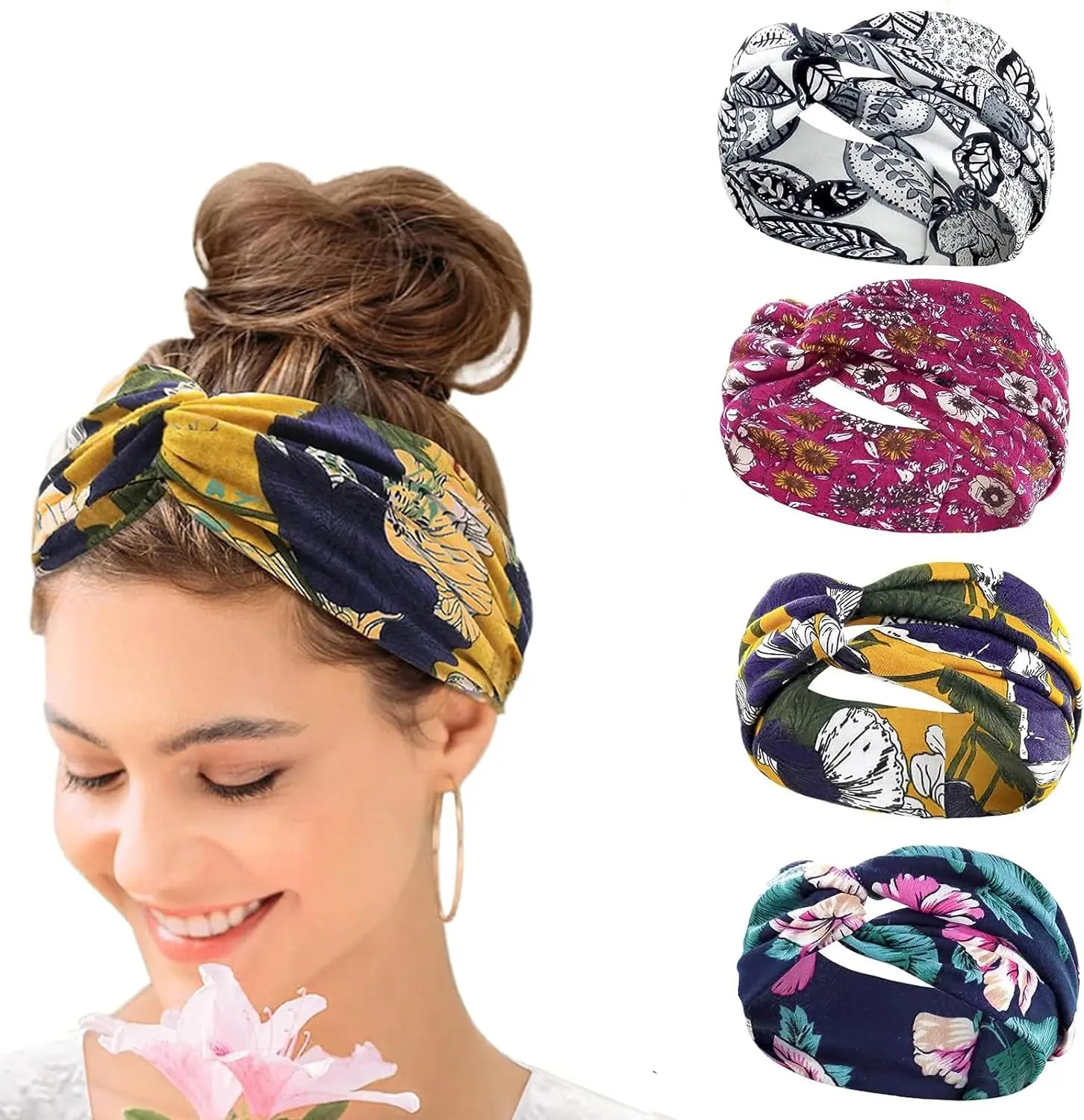 4 Pcs Boho Headbands for Women elastic Soft hairband Turban Cotton Headbands for Women and Girls Everyday Yoga Sport Fitness