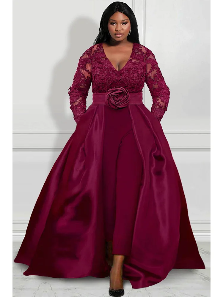 Donne Design Plus Size tuta formale bordeaux raso scollo a v pizzo manica lunga gonna Overlay tuta abiti para mujer