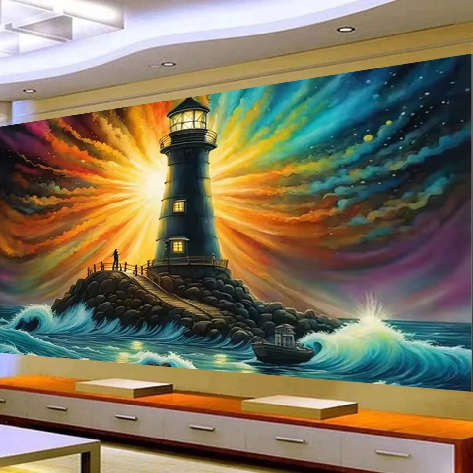 Diamond Painting Cross Stitch Fantasy Huge Sea Waves Lighthouse 5D Diy Diamond Embroidery Mosaic Full Drill Abstract Home Decor