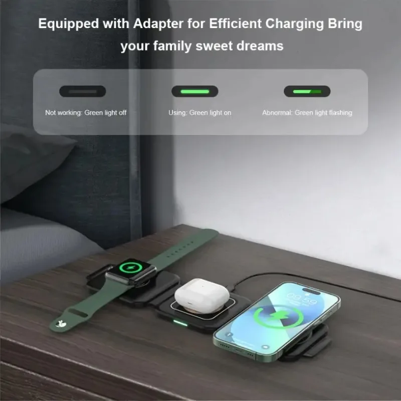 3-in-1 Folding Magnetic Wireless Charger Phone Stand Auto-alignment for iPhone 16 15 14 13 iWatch Airpods Fast Charging Station