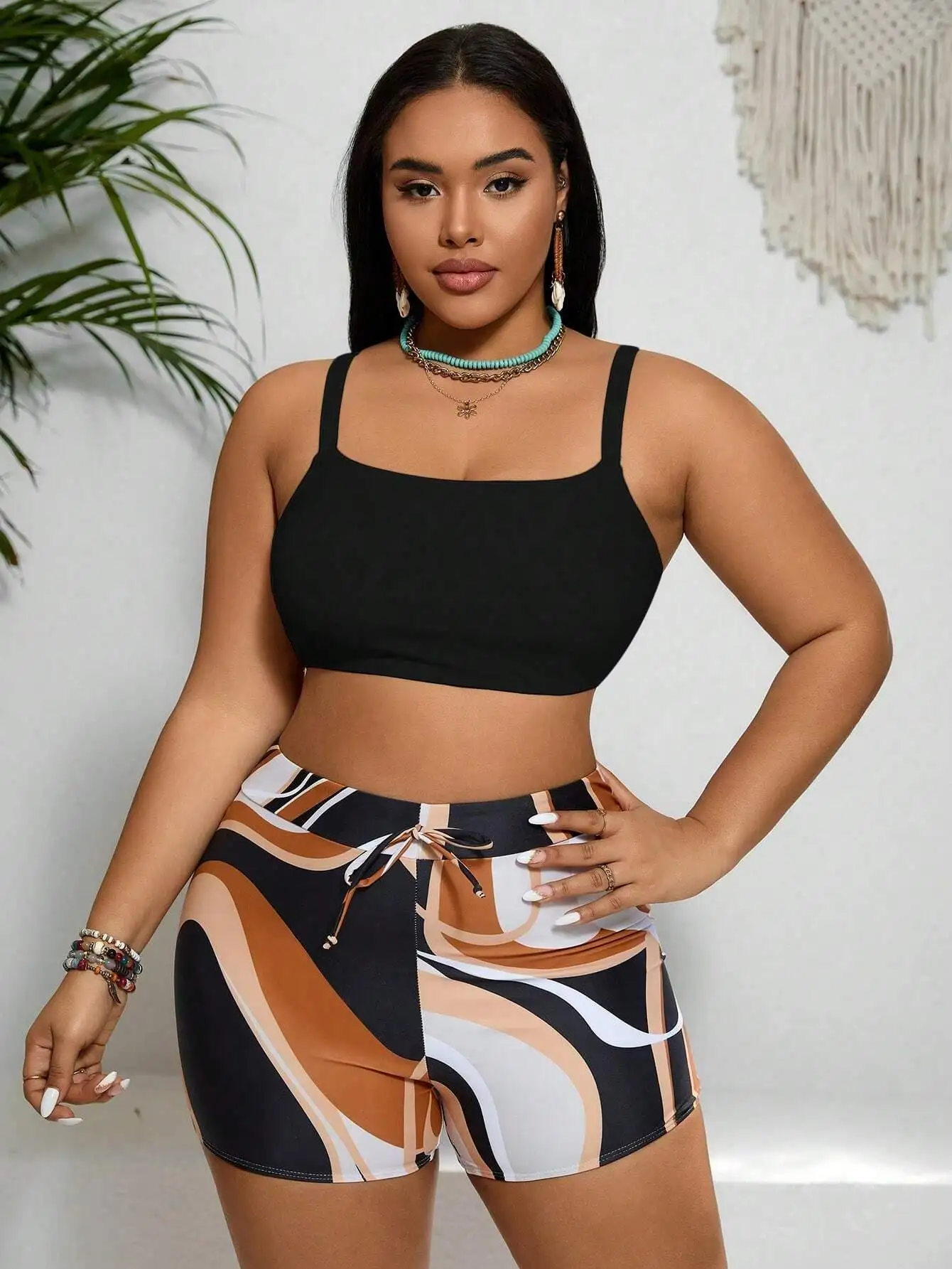 Plus Size Beach Cover Up Tee With Palm Tree Print And Patterned Shorts
