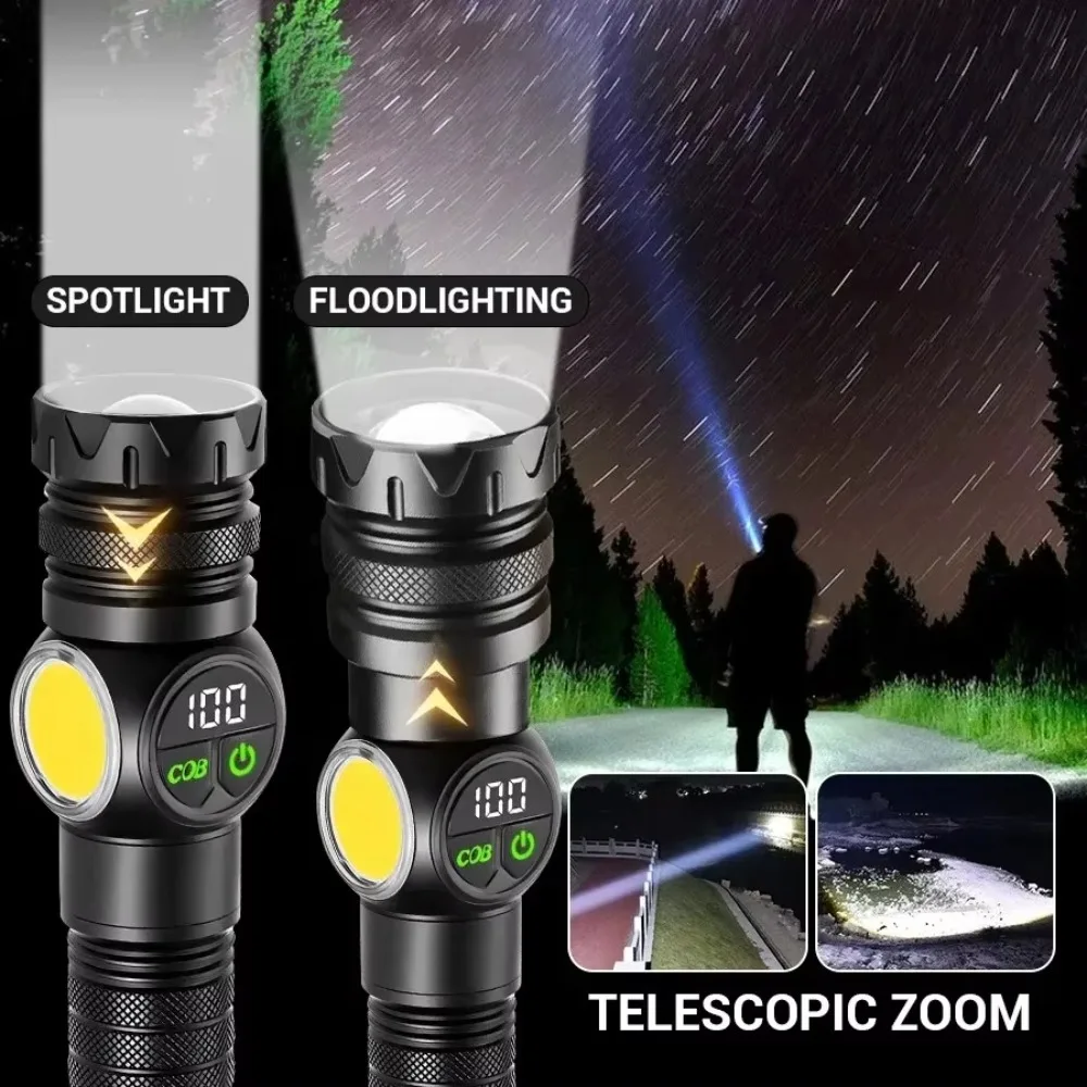 

White Laser LED Flashlight Zoom function With Display Long Range Lamp Tail Magnet COB Side Light Camping Lantern