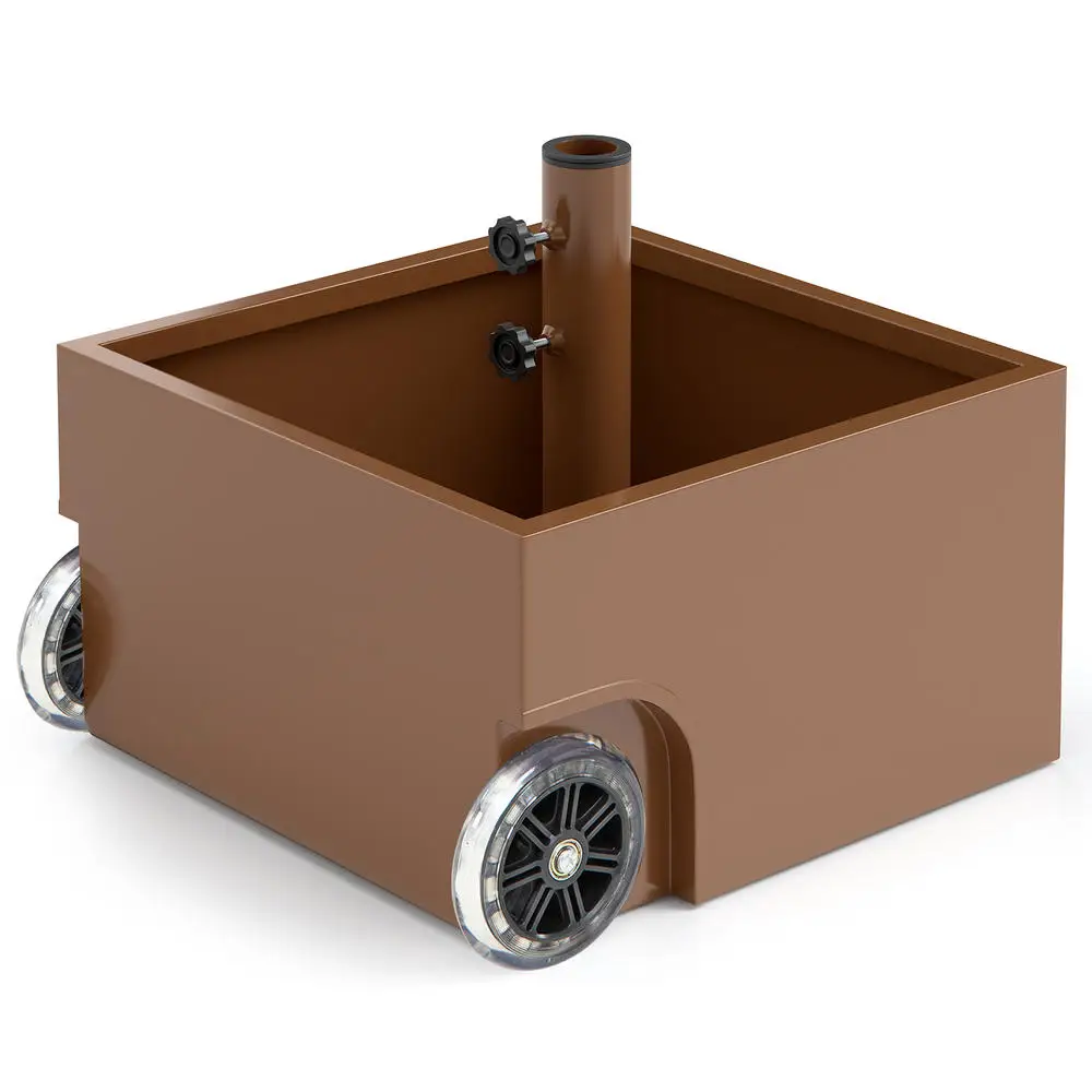 Patio Umbrella Base Stand With Wheels And Planter Box, Powder Coated Steel Construction, 150 Lbs Capacity For Outdoor Garden Pool Commercial Use, Coffee