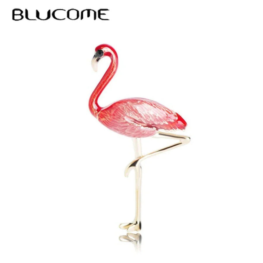 Blucome Enamel Flamingo Birds Brooches For Women Gold-color Alloy Broches Lapel Pins Scarf Dress Suit Clips Bijoux Gift