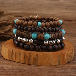 Fashion Ethic Men's Bracelet Trendy Bead Wooden Bracelet Jewelry Multi-Layer Retro Beaded Braided Cuban Chain