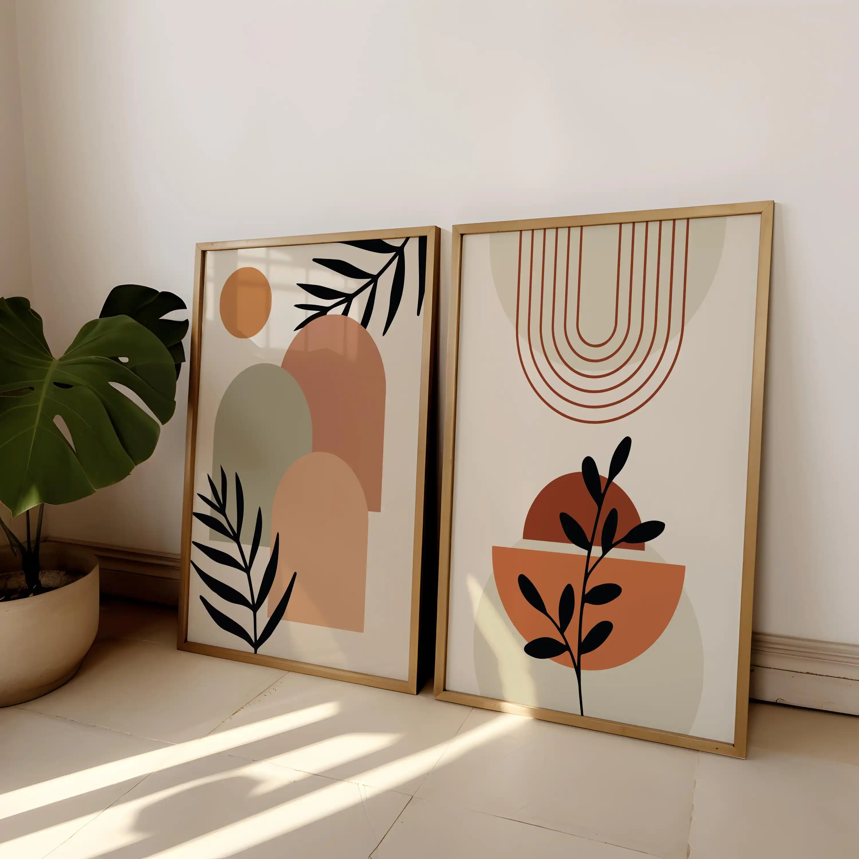 2pcs frameless Canvas Painting Set of 2 Boho Abstract Wall Art Prints Modern Botanical Shapes with Leaves Canvas Poster Prints H