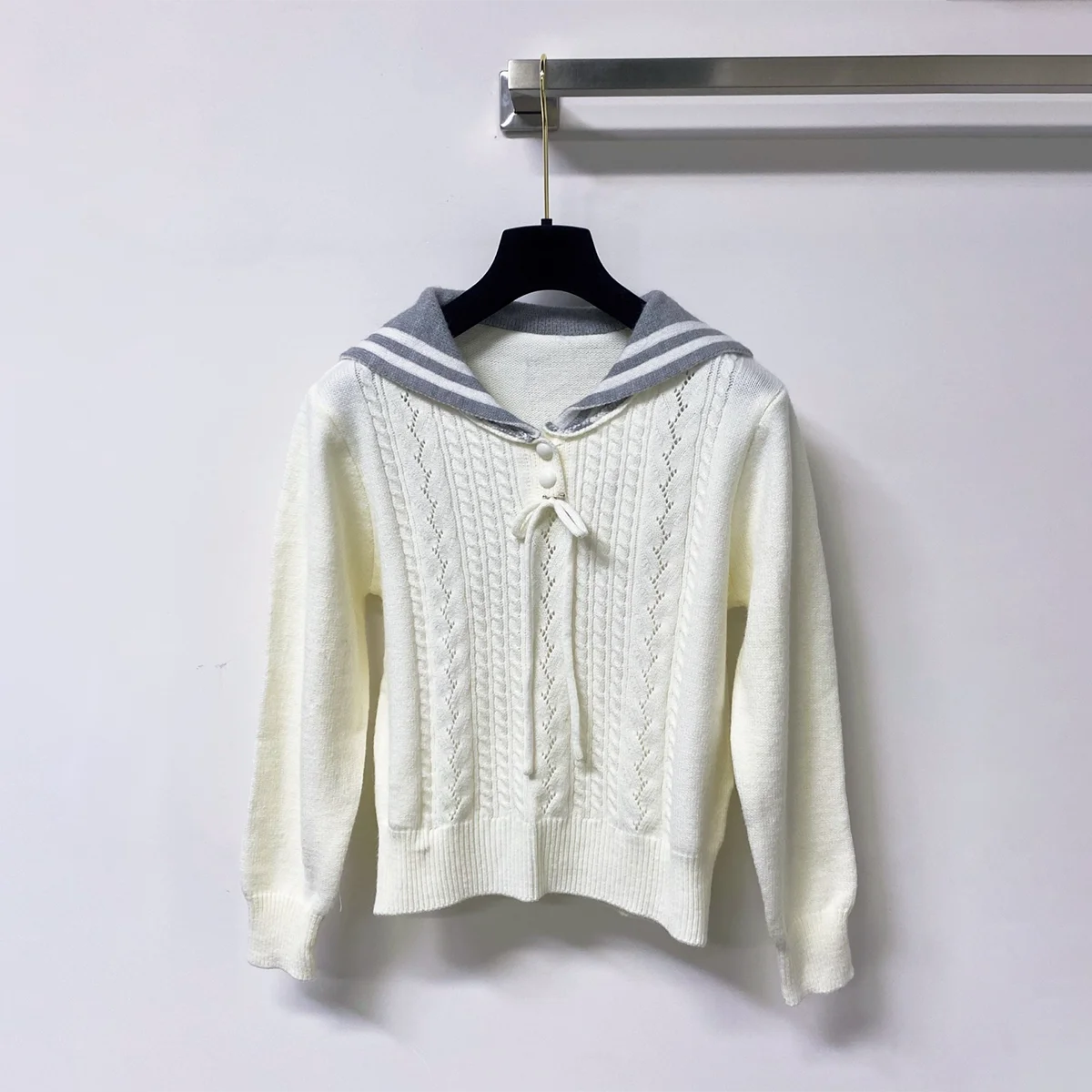 2026 High quality women's navy neck Fried Dough Twists hollow knitting sweater--26921172
