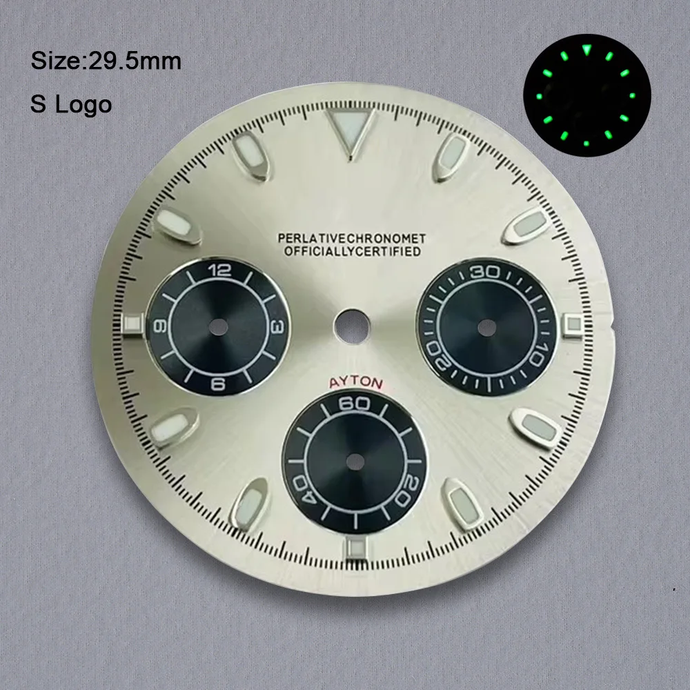 S ロゴ 29.5 ミリメートル DTN パンダダイヤル VK63 クォーツムーブメントに適したグリーン発光高品質時計修正アクセサリーツール