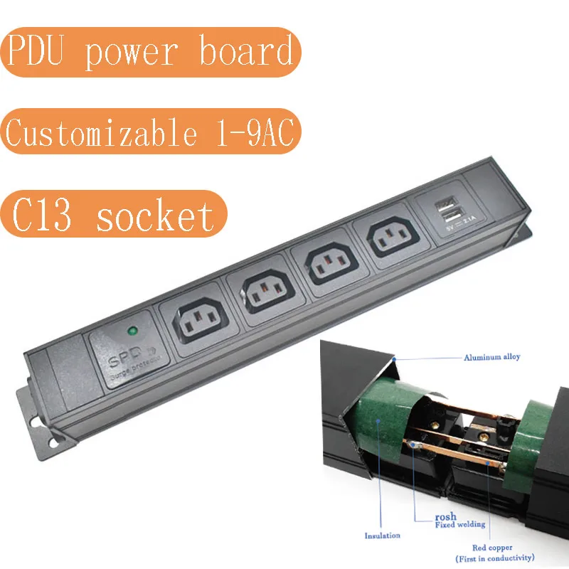 PDU power board aluminum alloy shell high-power C13 socket C14 port 1-9AC with surge protection USB charging, no extension cord