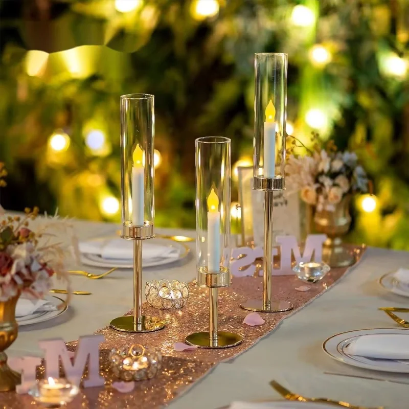 Gold Hurricane Candle Holders Removable Acrylic Shade Metal Base Table Candlestick Centerpieces Stands For Wedding Party Decor