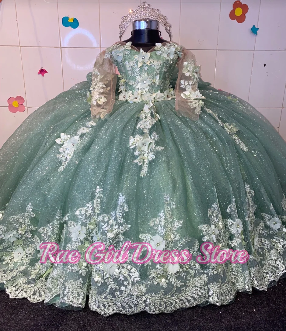 Sheer Long Sleeve 3D Floral Lace Glitter Tulle Puffy Flower Girl Dress For Wedding Pageant Formal Gowns A-Line Floor Length With