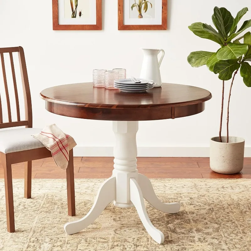 AMT-WLW-TP Antique Kitchen Dining Table - a Round Wooden Table Top with Pedestal Base, 36x36 Inch, Walnut & Linen White