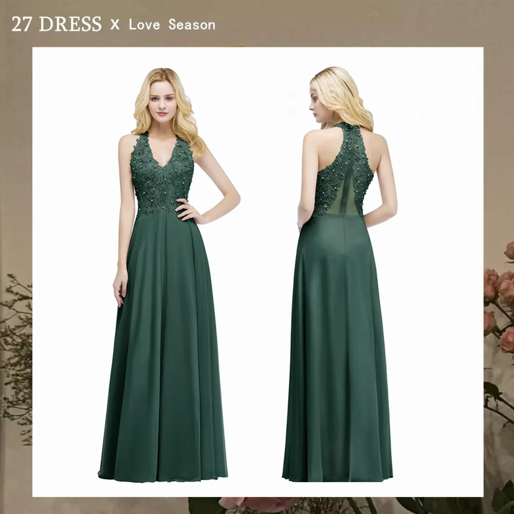 2024 Charming Backless A-lineElegant V Neck Lace Chiffon Evening Dresses Long Bridesmaid Formal Prom Party Gowns Robe De Soirée