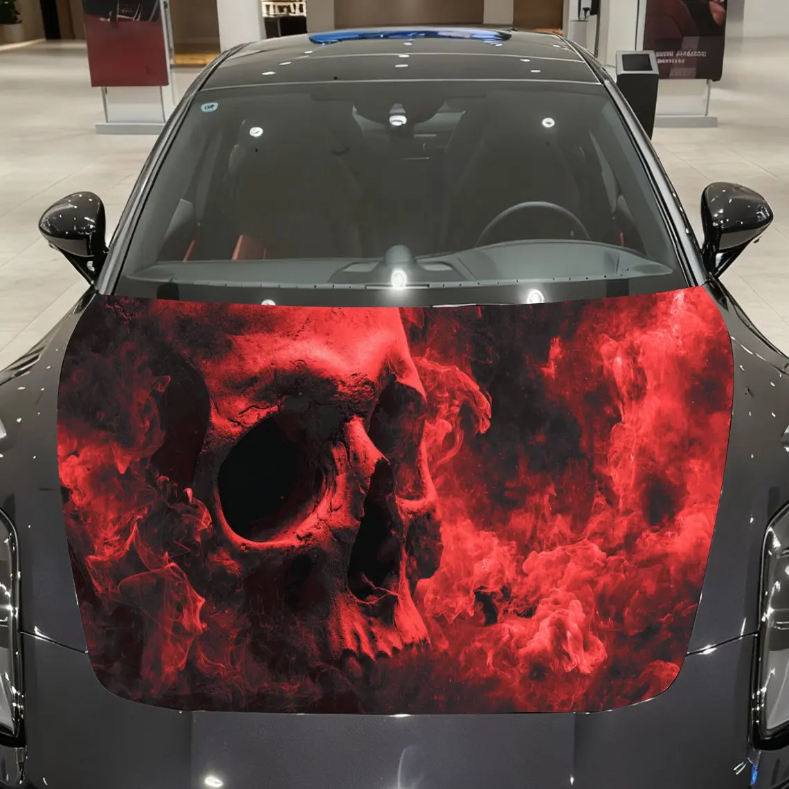 Dynamic Red Flame Skull Car Cover Sticker, Auto Hood Decal, Car Exterior Scratch Resistant Decal, Trendy Gift for Car Lovers, Ey