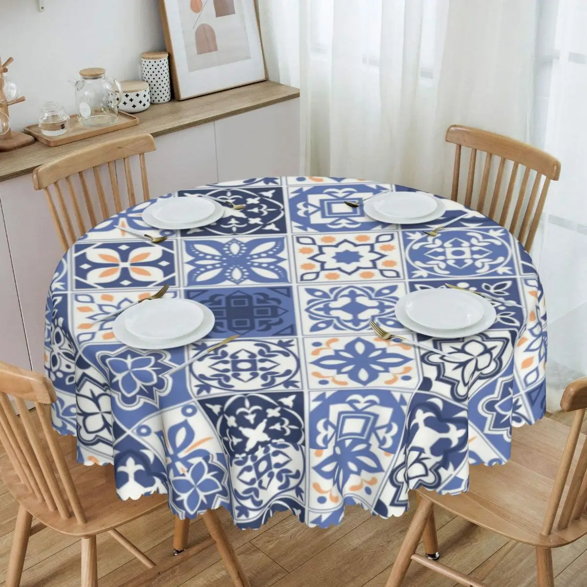 

Blue Portuguese Tile Tablecloth Round Waterproof Portugal Azulejo Flower Table Cloth Cover for Dining Room 60 inches