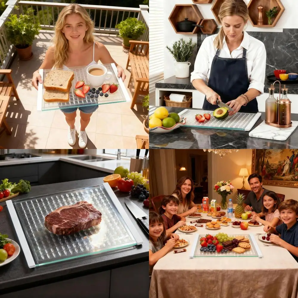 

Stylish Tempered Glass Chopping Board with Juice Groove, Non-Slip Kitchen & Serving Tray, Dishwasher Safe, Easy Clean